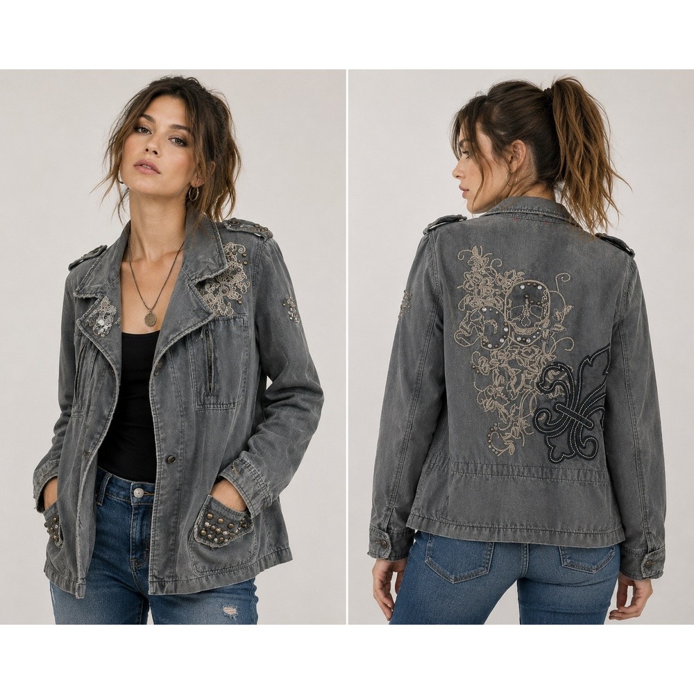 Miss Me Grey Ornate Skull Jacket Size Large